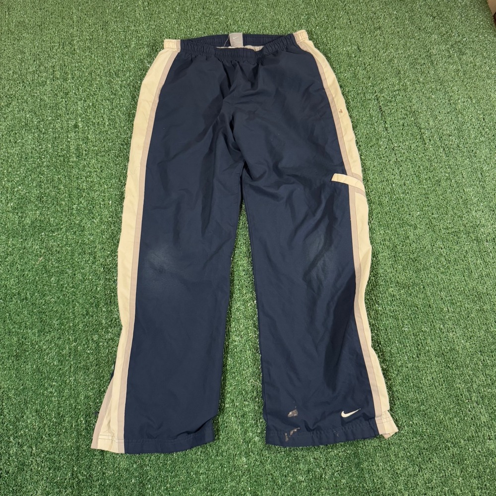 Nike Vintage Track Pants Navy Blue Tan Side Stripe XL Streetwear Y2K 0495
